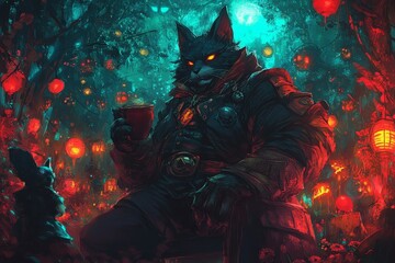 Obraz premium anthropomorphic cat enjoying a drink amidst glowing lanterns