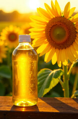 sunflower oil in a pet bottle on a background of sunflowers
