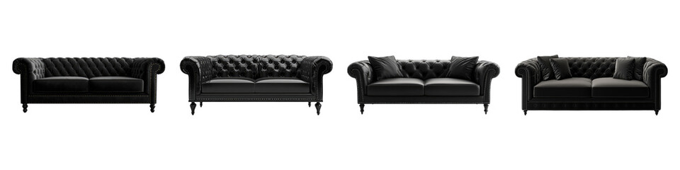 Fototapeta premium Black sofa isolated on transparent background, PNG, Set of