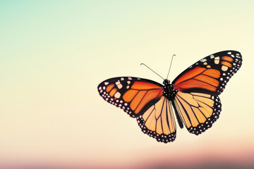 Fototapeta premium vibrant monarch butterfly gracefully soars against soft pastel sky at dusk