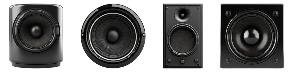 Black speaker isolated on transparent background, PNG, Set of