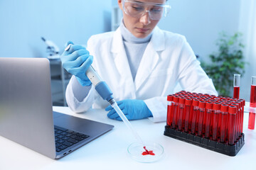 Laboratory testing. Doctor dripping blood sample into Petri dish at table indoors