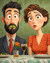 Dating Mishap, A guy with spinach stuck in his teeth while his date stares awkwardly