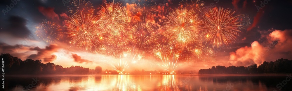 Poster colorful fireworks explode in the night sky, reflected in the calm waters of the lake. the vibrant s