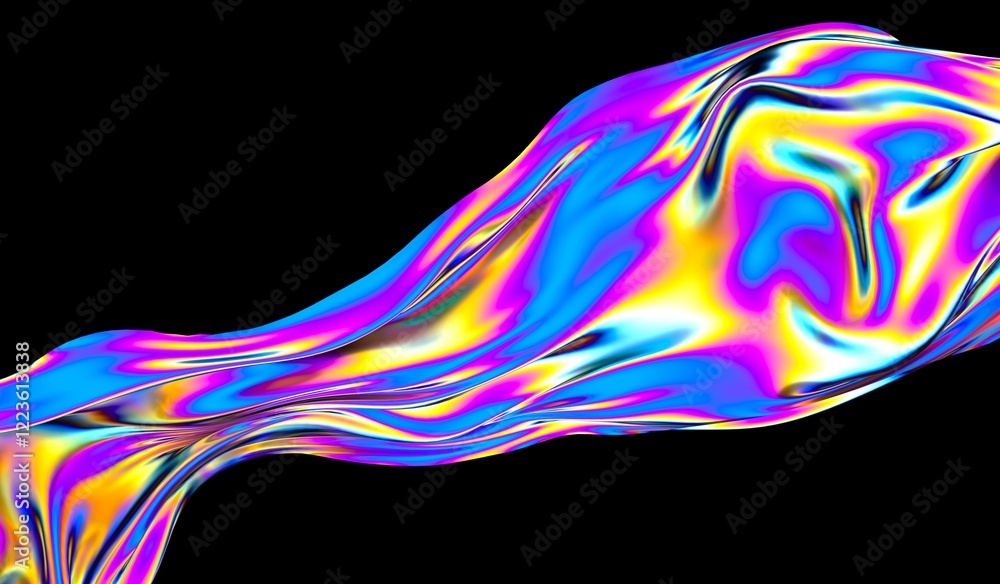 Poster flowing drapery in neon holographic colors isolated on a dark background. futuristic fancy 3d illust
