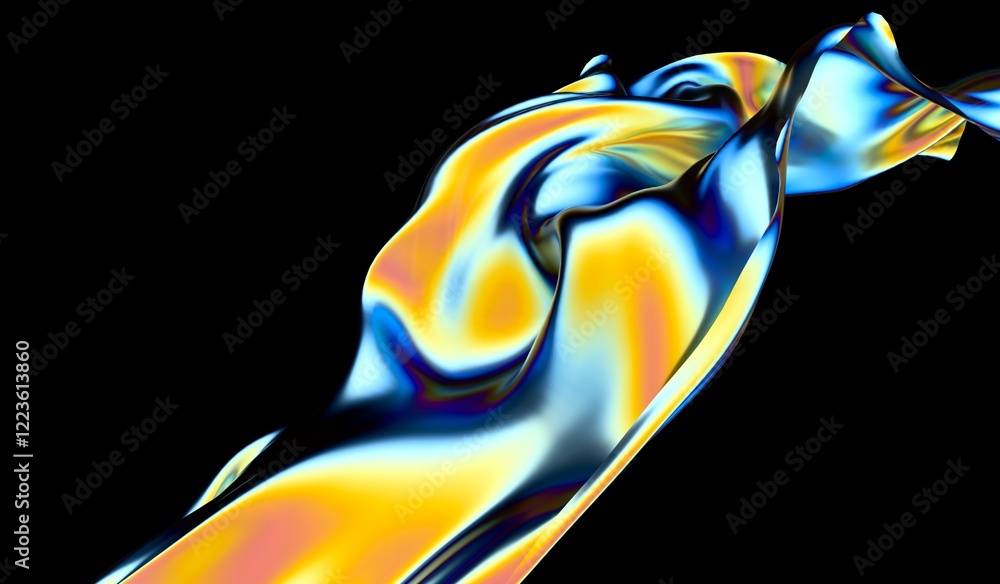 Aufkleber Flowing drapery in neon holographic colors isolated on a dark background. Futuristic fancy 3D illustration for a product placement. 