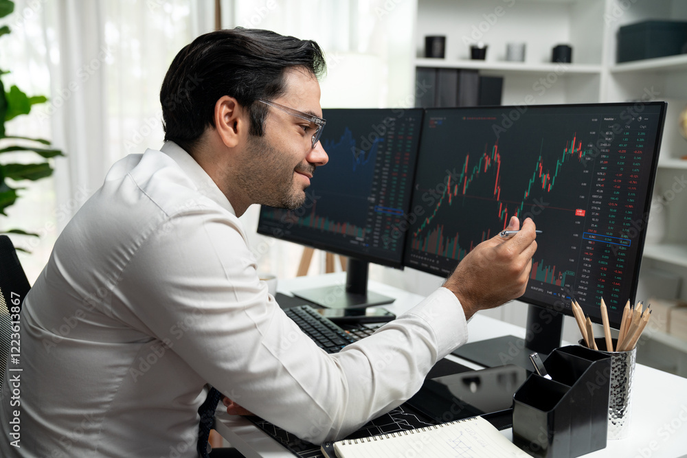 Poster smart trader businessman analyzing in two dynamic stock exchange investment screen on pc with invest