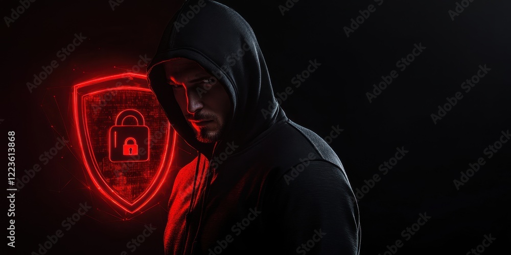 Poster a man in a black hoodie with a red, glowing shield and a padlock icon on a dark background, represen