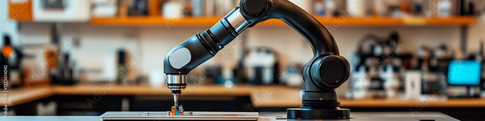 Poster a robotic arm operates on a laboratory workbench, surrounded by scientific equipment. concept of aut