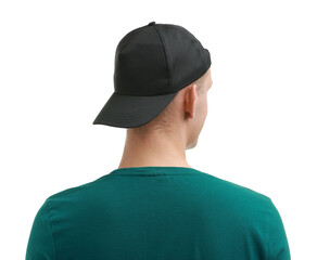 Man in stylish baseball cap on white background, back view. Mockup for design