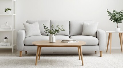 Modern light grey sofa in minimalist living room.  Home decor, interior design