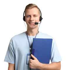 Technical support call center. Smiling operator with folder on white background