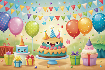Festive birthday scene with cake, balloons, and gifts.