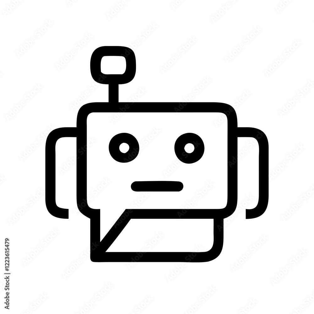 Poster friendly robot head with speech bubble representing a chatbot or ai assistant.vector simple icon for