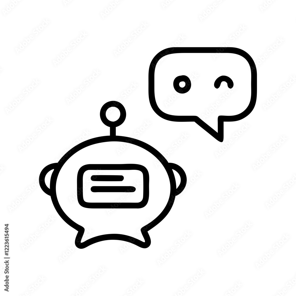 Poster friendly robot head with speech bubble representing a chatbot or ai assistant.vector simple icon for