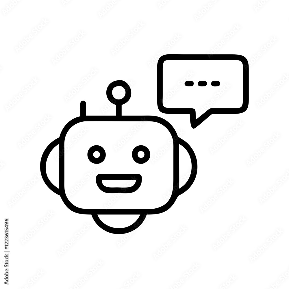 Poster friendly robot head with speech bubble representing a chatbot or ai assistant.vector simple icon for