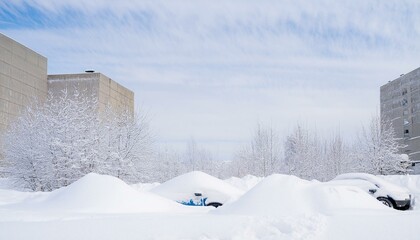 폭설로 인해 도시가 눈에 파묻힌 모습, 건물들과 차량들이 눈 아래에 묻혀 있다