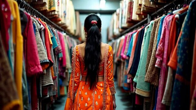 Woman in Orange Sari Walking Through Colorful Clothing Aisle