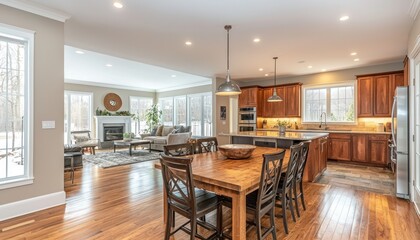 Fototapeta premium Spacious kitchen and dining area with an open floor plan and recessed lighting