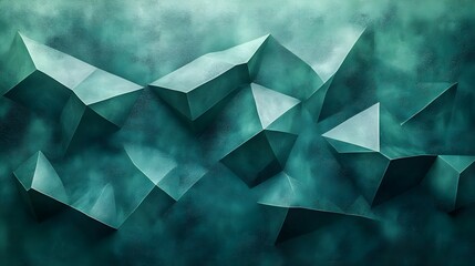 A bold geometric background of irregular diamond shapes in muted green.