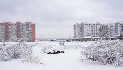 Obraz premium 폭설로 인해 도시가 눈에 파묻힌 모습, 건물들과 차량들이 눈 아래에 묻혀 있다