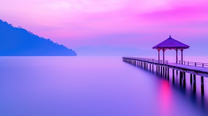 Obraz premium Wooden pier with a traditional gazebo extending into a calm lake during a vibrant purple twilight.