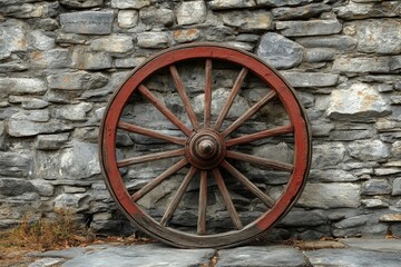 Obraz premium Old Horse-Drawn Carriage Wheel Resting on the Ground in Antique Setting, Vintage Transport Equipment Detail Image