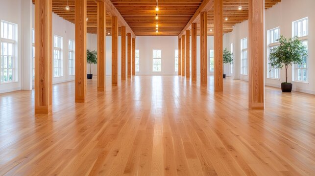 Spacious wooden-floored hall with large windows, perfect for events