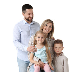 Happy parents and their children on white background