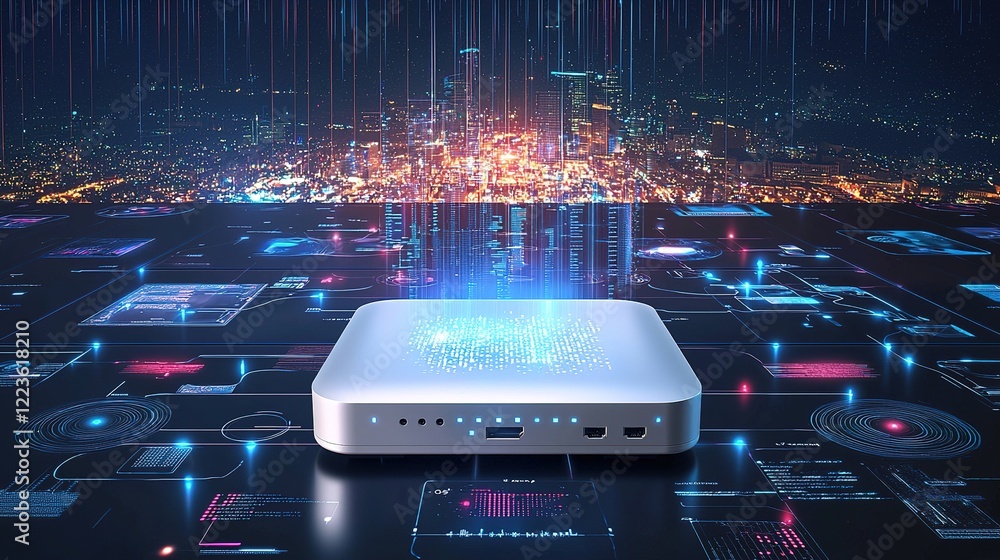 Poster glowing network edge device analyzing data streams in a futuristic city landscape
