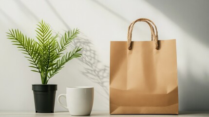 Eco-friendly shopping concept with paper bag, coffee mug, and potted plant