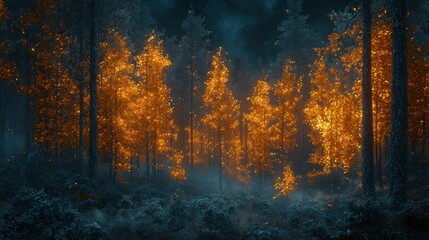 Fototapeta premium Night forest fire, burning trees, smoky, eerie, fantasy