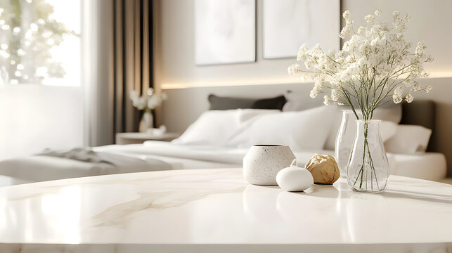 Marble table top with white bed in bedroom loose focal background Close up photo of contemporary interior modern living space : Generative AI