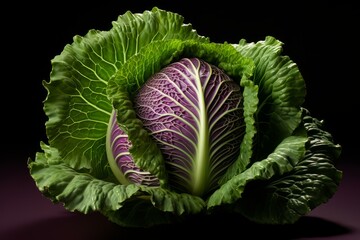 Obraz premium Studio shot of a fresh purple cabbage with vibrant green outer leaves, creating a striking contrast against a dark background