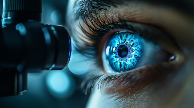Close-up of a doctor carefully examining the iris of a patient's eye. Analysis of the iris of the eye with eye tracking technology.