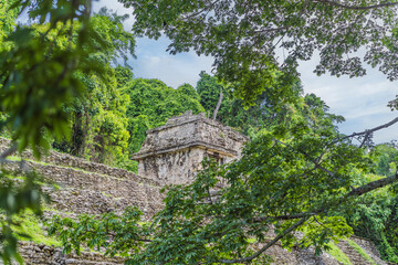 The ancient pyramids of Palenque in Mexico, surrounded by lush jungle. Iconic archaeological site...