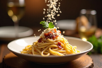 Freshly Grated Parmesan Falling on Classic Spaghetti Carbonara with Crispy Bacon and Parsley