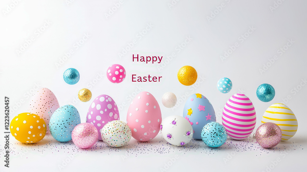Poster Colorful Easter eggs display with festive decorations for spring celebration in a joyful setting