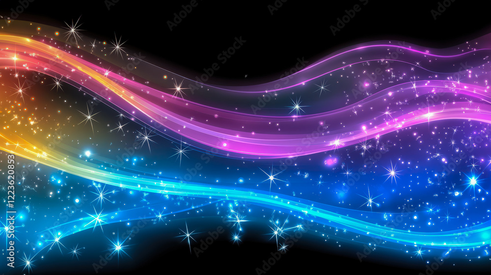 Poster Colorful flowing waves with sparkling stars create a vibrant abstract background