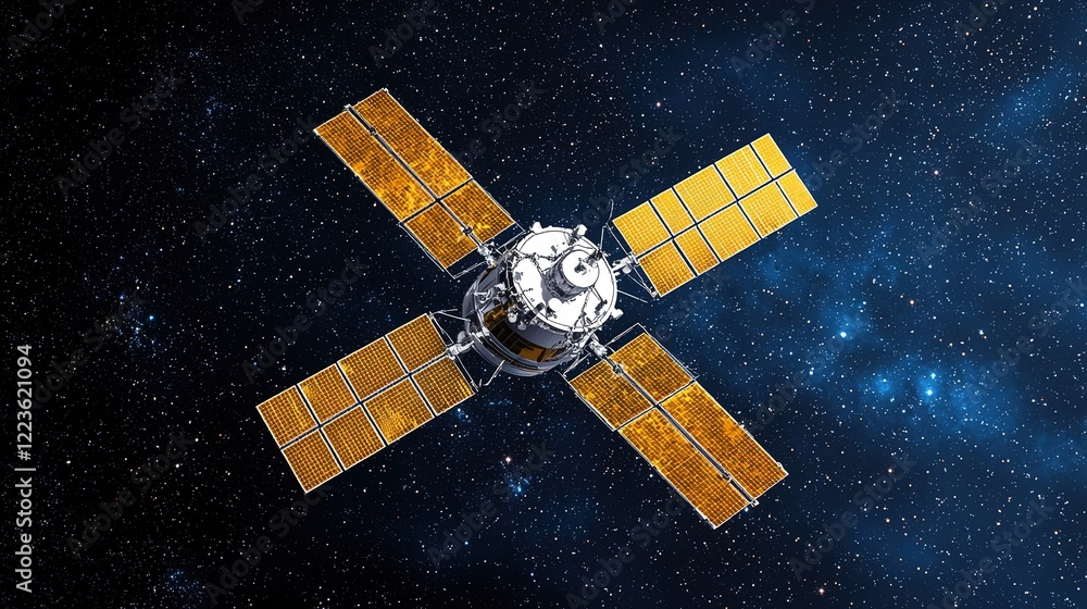 Poster satellite exploration in deep space transmitting data to earth technology space environment aerial v