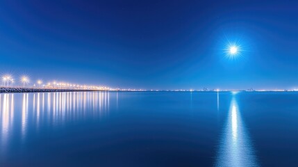 Obraz premium Night cityscape, moonlit harbor, calm water, city lights reflection, travel photography