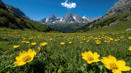 Fototapeta premium Yellow wildflowers bloom in a lush green alpine meadow with snow-capped mountain peaks under a clear blue sky.