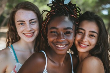 Three young women are smiling and enjoying their time together outside