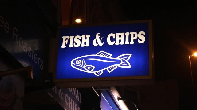 Fish and Chips Shop Sign Cod Fries Takeaway Takeout Traditional British Chippy