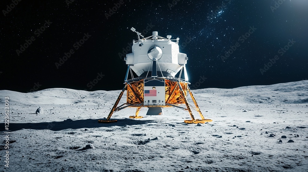 Poster lunar lander exploration moon surface spacecraft image celestial environment low angle view lunar sc