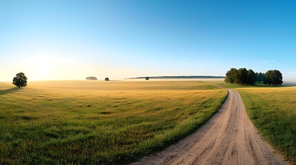 Obraz premium Sunrise over misty field, dirt road leading to trees. Peaceful countryside landscape, perfect for travel brochures