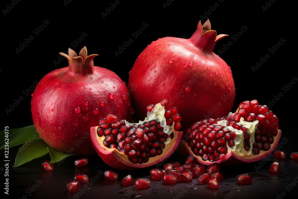 Poster two whole pomegranates and two open pomegranates with scattered seeds, creating a vibrant display of