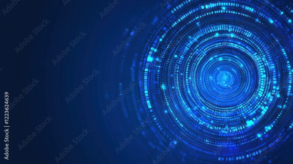 Poster vivid blue circular pattern formed by glowing particles with a digital texture against a dark backgr