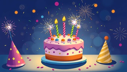 Illustration of a birthday cake with sparklers and party hats