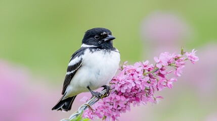 Obraz premium Black-and-white bird perched on lilac blossoms, blurred green background, nature photography, ideal for wildlife websites